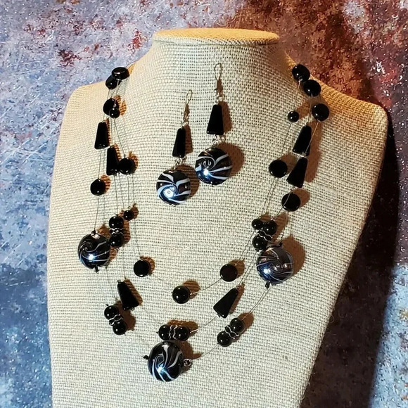 Art Deco Black Jet AB Czech Glass Baubles Multi Strand Necklace Earrings Set - Picture 6 of 8
